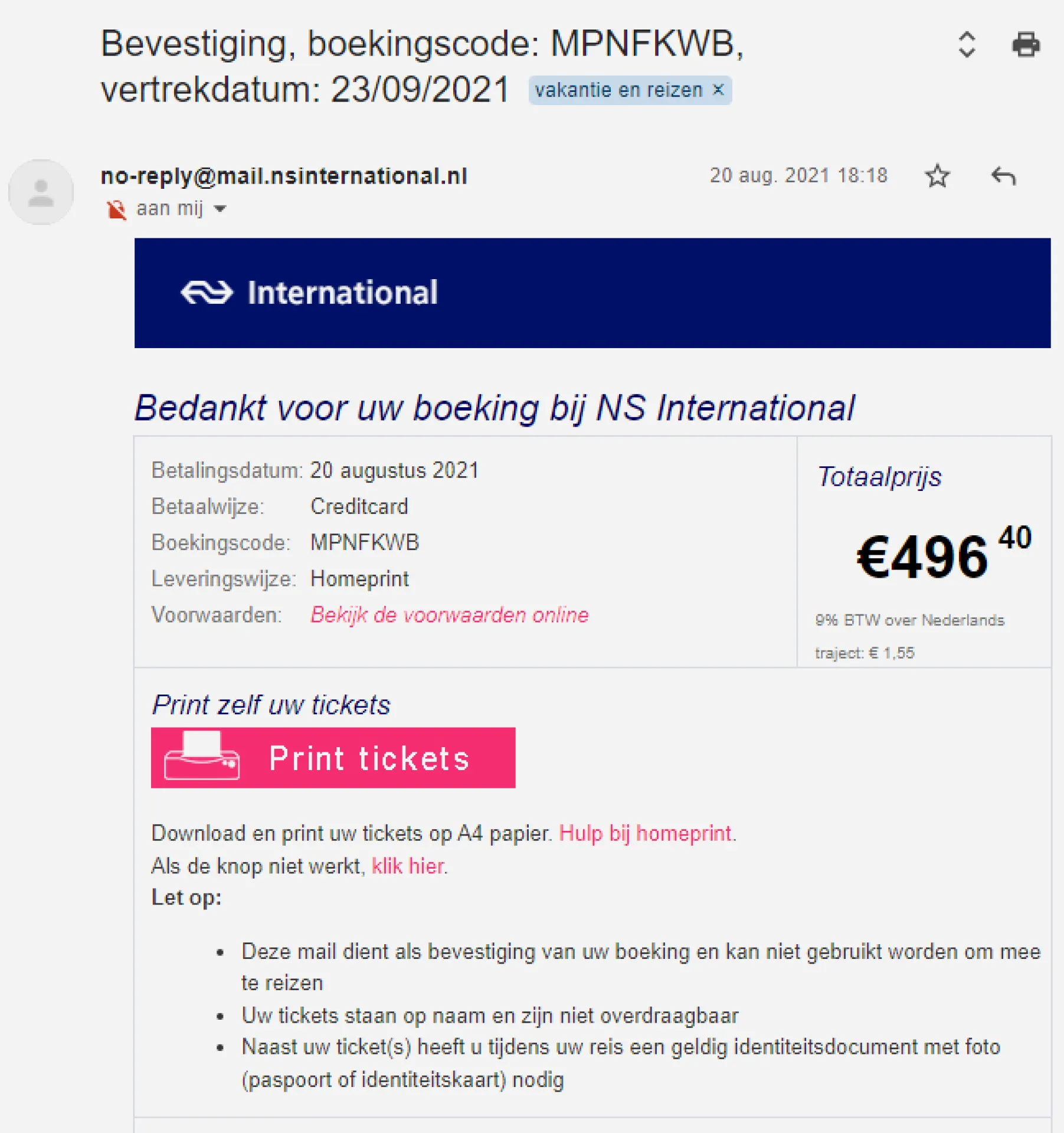 Boekingsbevestiging NS International