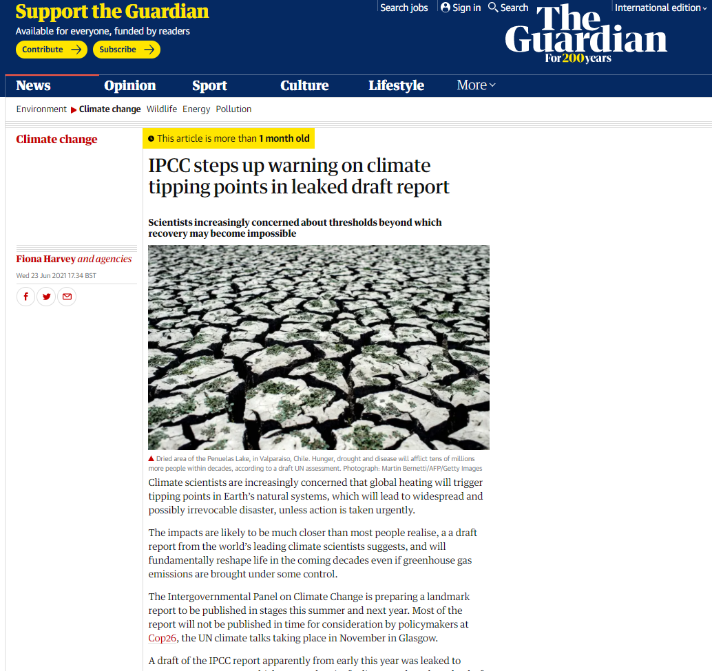 The Guardian - IPCC steps up warning on climate tipping points in leaked draft r