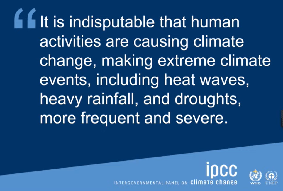 Screenshot uit de presentatie van het IPCC rapport nummer 6, 9 augustus 2021