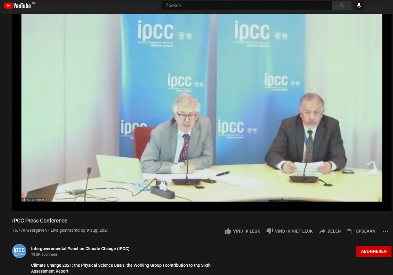 Screenshot uit de persconferentie live stream van het IPCC, 9 augustus 2021