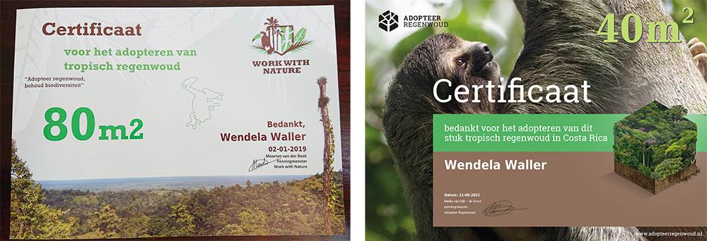 Certificaat van geadopteerd regenwoud Stichting Work With Nature, Costa Rica