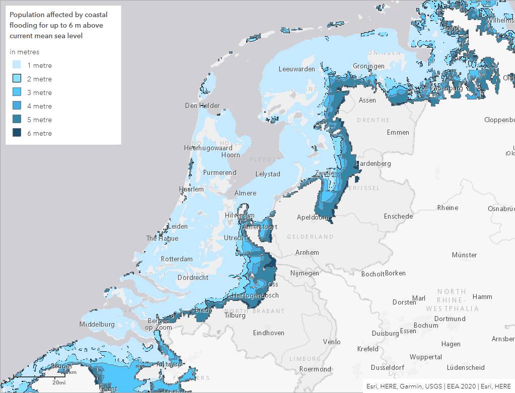 Wat zonder bescherming bij een zeespiegelstijging overstroomt